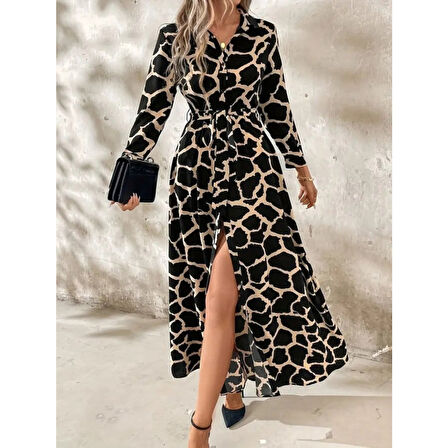 Lucky Life Kadın Uzun Kollu Yakalı önü Düğmeli Desenli Belden Kuşaklı Uzun Süprem Elbise