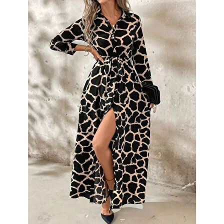 Lucky Life Kadın Uzun Kollu Yakalı önü Düğmeli Desenli Belden Kuşaklı Uzun Süprem Elbise