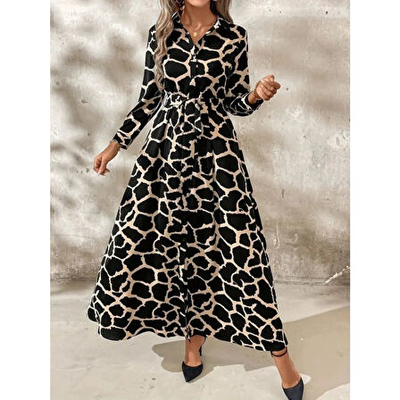 Lucky Life Kadın Uzun Kollu Yakalı önü Düğmeli Desenli Belden Kuşaklı Uzun Süprem Elbise