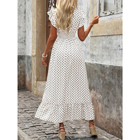 Lucky Life Kadın Kısa Kelebek Kollu Kruvaze Yakalı Desenli Süprem Elbise