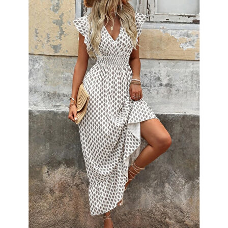 Lucky Life Kadın Kısa Kelebek Kollu Kruvaze Yakalı Desenli Süprem Elbise