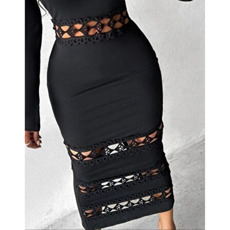 Lucky Life Kadın Uzun Kollu Madonna Dantel Yaka Yırtmaçlı Midi Dalgıç Elbise