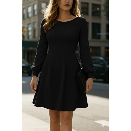 Lucky Life Kadın Uzun Kollu Kayık Yaka Kısa Triko Elbise