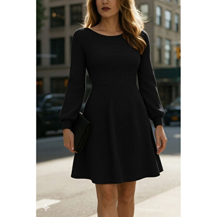 Lucky Life Kadın Uzun Kollu Kayık Yaka Kısa Triko Elbise