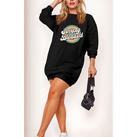 Lucky Life Kadın Uzun Kollu Bisiklet Yaka Yazılı Viskon Iki Iplik Elbise