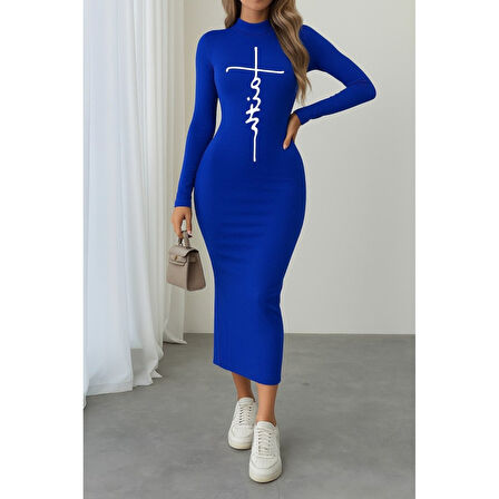 Lucky Life Kadın Uzun Kollu Boğazlı Baskı Detaylı Viskon Tam Boy Elbise