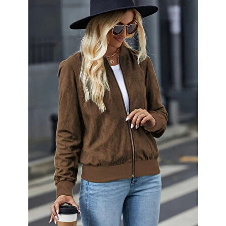 Lucky Life Kadın Uzun Kollu önden Fermuarlı Süet Ceket