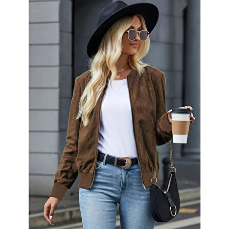 Lucky Life Kadın Uzun Kollu önden Fermuarlı Süet Ceket