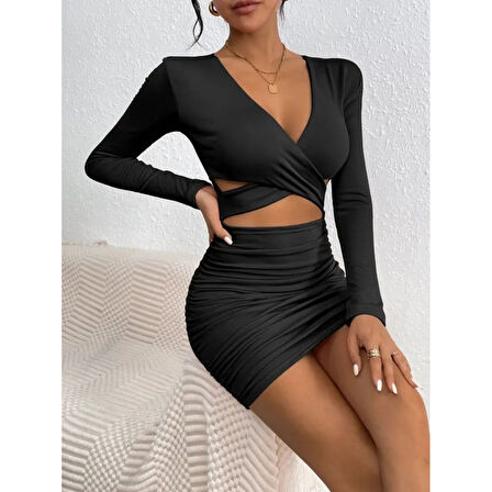 Lucky Life Kadın Uzun Kollu çapraz Dekolte Detaylı Mini Sandy Elbise