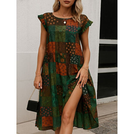 Lucky Life Kadın Kısa Kollu Kolları Fırfırlı Bisiklet Yakalı Kare Desenli Elbise