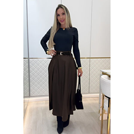 Lucky Life Kadın Yüksek Belli Maxi Deri Kemersiz Etek