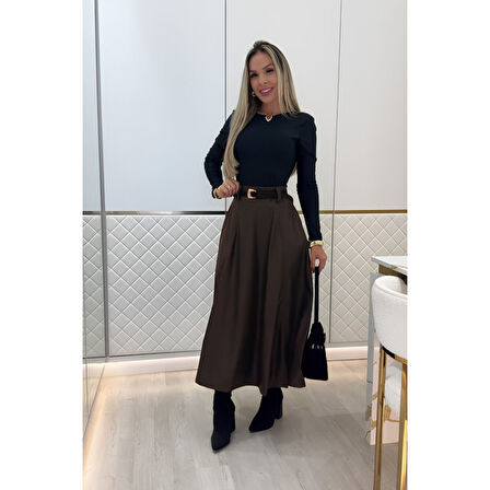 Lucky Life Kadın Yüksek Belli Maxi Deri Kemersiz Etek