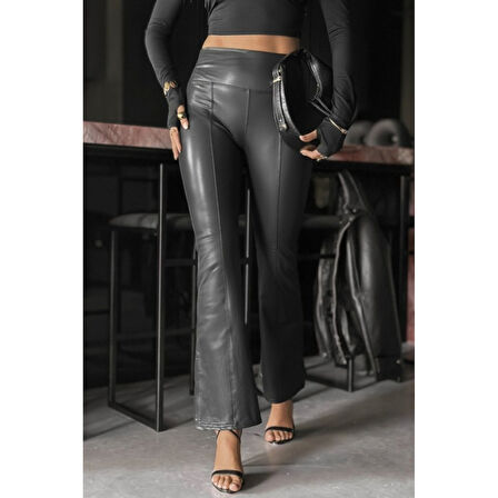 Lucky Life Kadın Yüksek Bel Paçaya Doğru Geniş Deri Pantolon