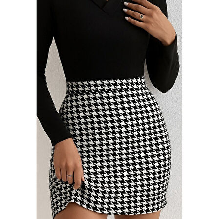 Lucky Life Kadın Uzun Kollu V Yakalı Kaz Ayağı Desenli şardonlu Dalgıç Elbise