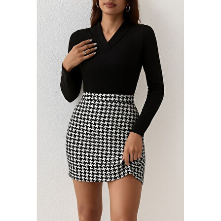 Lucky Life Kadın Uzun Kollu V Yakalı Kaz Ayağı Desenli şardonlu Dalgıç Elbise