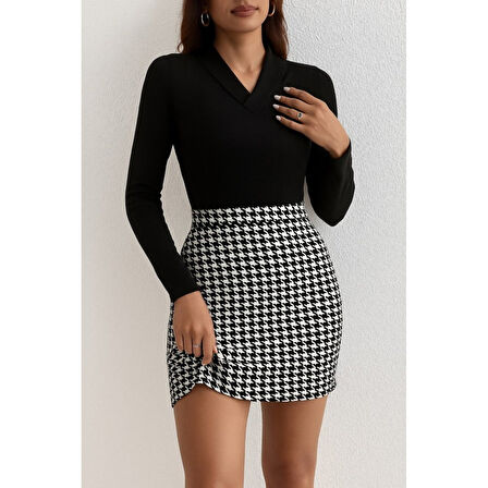 Lucky Life Kadın Uzun Kollu V Yakalı Kaz Ayağı Desenli şardonlu Dalgıç Elbise