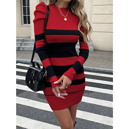 Lucky Life Kadın Uzun Kollu Yuvarlak Yaka Balon Omuz Kol Detaylı çok Renkli Mini Elbise