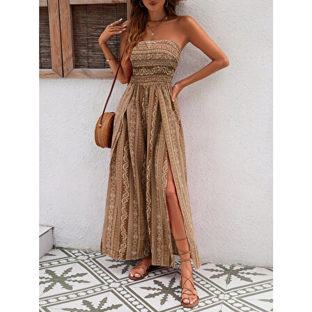 Lucky Life Kadın Yakası Gipe Detaylı önden Yırtmaç Detaylı Desenli Süprem Pantolon Etek