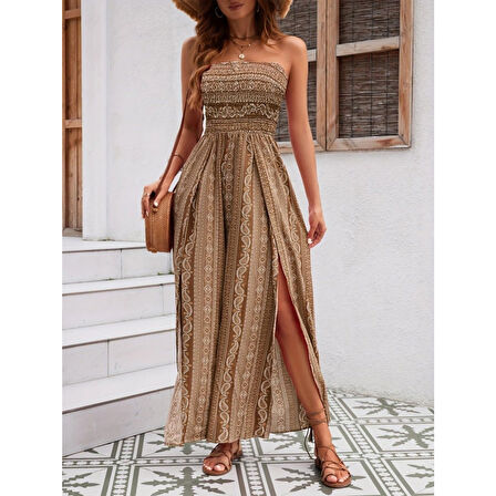 Lucky Life Kadın Yakası Gipe Detaylı önden Yırtmaç Detaylı Desenli Süprem Pantolon Etek