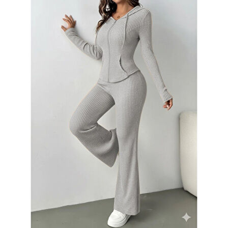 Lucky Life Kadın Uzun Kollu Kapşonlu önden Fermuarlı Kaşkorse Bluz Ve Pantolon Ikili Takım