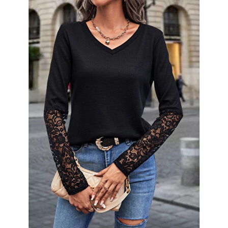 Lucky Life Kadın Uzun Kollu V Yakalı Dantelli Waffle Bluz