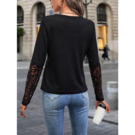 Lucky Life Kadın Uzun Kollu V Yakalı Dantelli Waffle Bluz