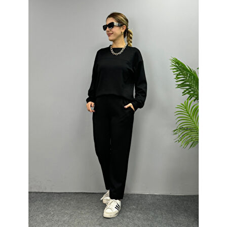 Lucky Life Kadın Uzun Kollu Bisiklet Yaka Viskon Iki Iplik Bluz Ve Pantolon Ikili Takım