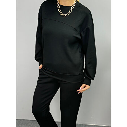 Lucky Life Kadın Uzun Kollu Bisiklet Yaka Viskon Iki Iplik Bluz Ve Pantolon Ikili Takım