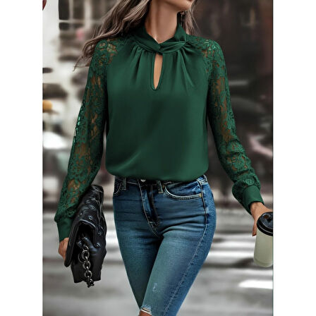 Lucky Life Kadın Uzun Kollu Yaka Düğme Detay Güpürlü Kol Krep Bluz