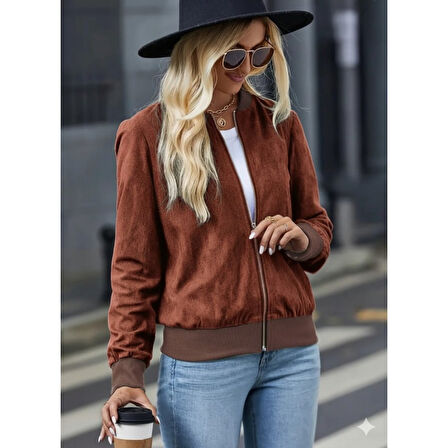 Lucky Life Kadın Uzun Kollu önden Fermuarlı Süet Ceket