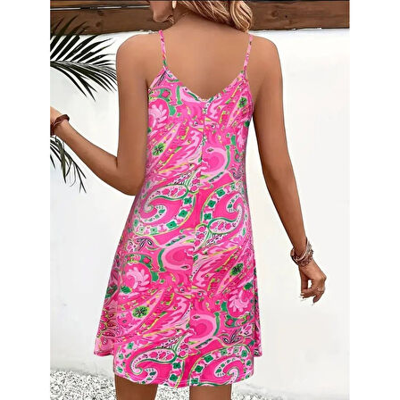 Lucky Life Kadın Ip Askılı V Yakalı Desenli Kısa Süprem Mini Elbise