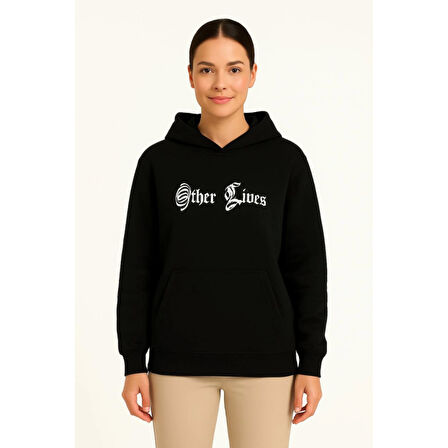 Lucky Life Üç İplik Kapşonlu ön Ve Arka Baskılı SweatShirt Hoodie- Siyah