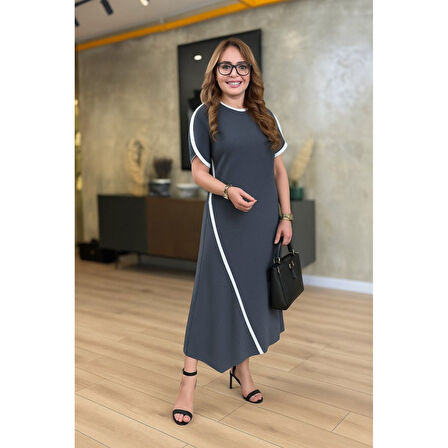 Lucky Life Kadın Kısa Kollu Bisiklet Yaka çift şerit Renk Detaylı Asimetrik Kesim Viskon Iki Iplik Elbise