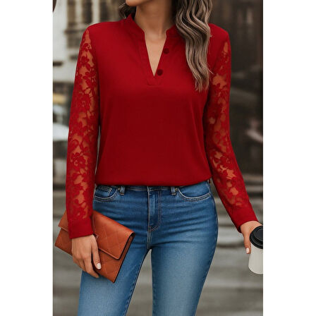 Lucky Life Kadın Uzun Kollu Yaka Düğme Detay Güpürlü Kol Krep Bluz