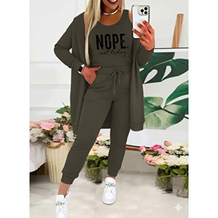 Lucky Life Kadın Askılı Yuvarlak Yaka Yazılı Viskon Iki Iplik Bluz Ceket Ve Pantolon 3lü Takım