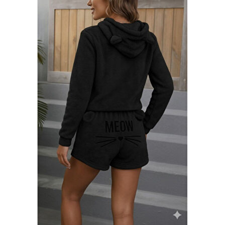 Lucky Life Kadın Uzun Kollu Kapşonlu Peluş Bluz Ve Kısa Short Ikili Takım