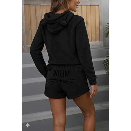 Lucky Life Kadın Uzun Kollu Kapşonlu Peluş Bluz Ve Kısa Short Ikili Takım