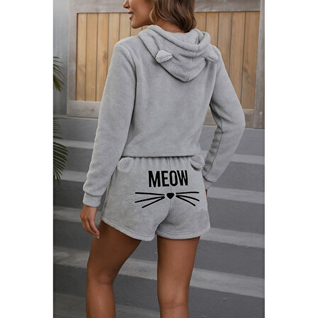 Lucky Life Kadın Uzun Kollu Kapşonlu Peluş Bluz Ve Kısa Short Ikili Takım