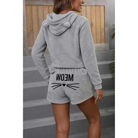 Lucky Life Kadın Uzun Kollu Kapşonlu Peluş Bluz Ve Kısa Short Ikili Takım