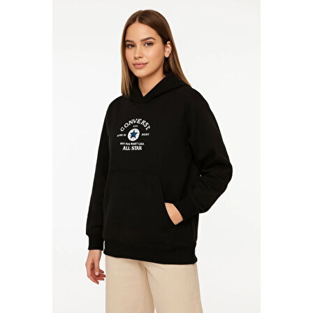 Lucky Life Üç İplik Kapşonlu ön Ve Arka Baskılı SweatShirt Hoodie- Siyah