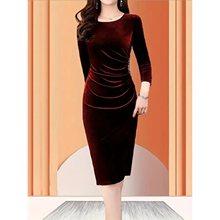 Lucky Life Kadın Uzun Kollu Bot Yaka Yanı Taş Detaylı Midi Kadife Elbise