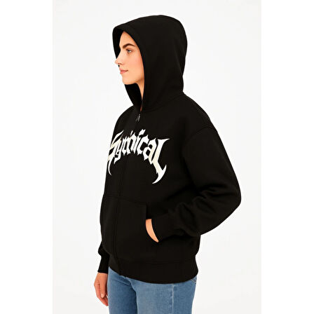 Lucky Life Oversize Sweatshirt  3 İplik Şardonlu Pamuklu Kumaş, Önü Baskılı, Fermuarlı Rahat Kalıp, Kışlık Ve Sokak Stili Sweat - Siyah