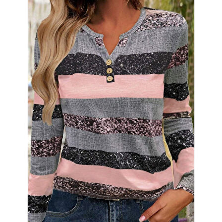 Lucky Life Kadın Uzun Kollu Yakadan Düğmeli çizgili Desenli Süprem Bluz