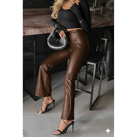 Lucky Life Kadın Yüksek Bel Paçaya Doğru Geniş Deri Pantolon