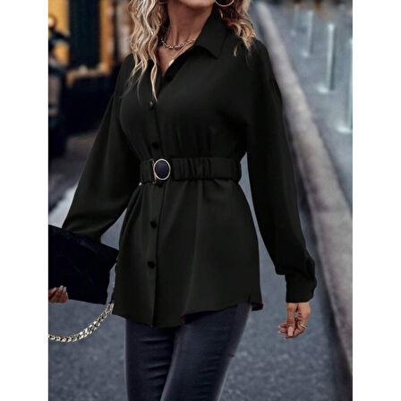 Lucky Life Kadın Uzun Kollu Yakalı önden Düğmeli Belden Kemerli Ithal Krep Bluz