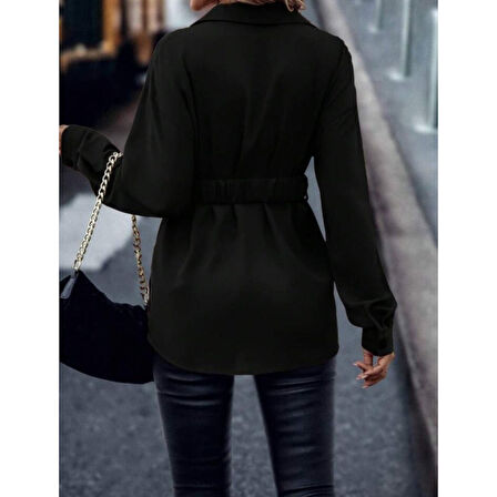 Lucky Life Kadın Uzun Kollu Yakalı önden Düğmeli Belden Kemerli Ithal Krep Bluz