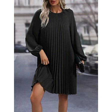 Lucky Life Kadın Uzun Kollu Yuvarlak Yaka Pileli Salaş Mini Ithal Krep Elbise