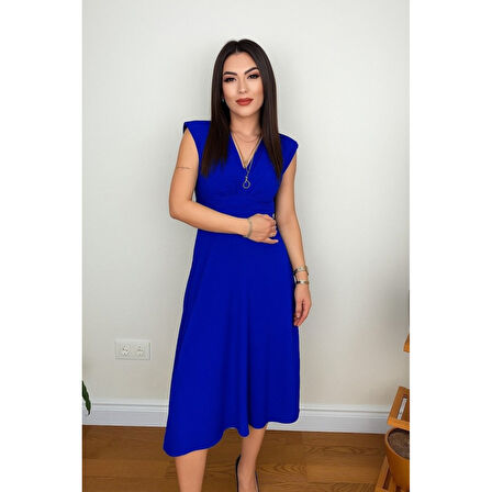 Lucky Life Kadın Kısa Kollu Kruvaze Yakalı Bel Korsajı Buzgulu Midi Janjan Krep Elbise