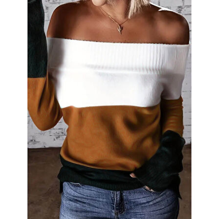 Lucky Life Kadın Uzun Kollu Omuzlardan Açık Uzun Kollu Blok çizgili Triko Bluz