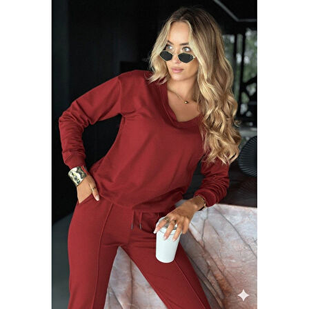 Lucky Life Kadın Uzun Kollu V Yakalı Viskon Iki Iplik Bluz Ve Pantolon Ikili Takım